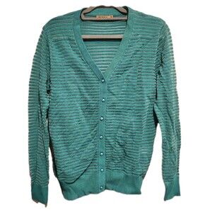 Sunny Brand Sheer Stripe Pearl Button Cardigan Sweater Teal Size Medium